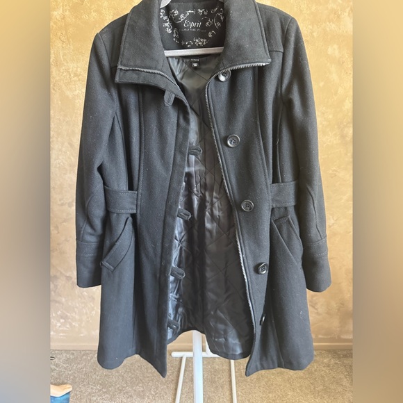 Y2K ESPRIT Wool Coat Black Peacoat for Women Vintage Black Jacket Sz L - Picture 2 of 11